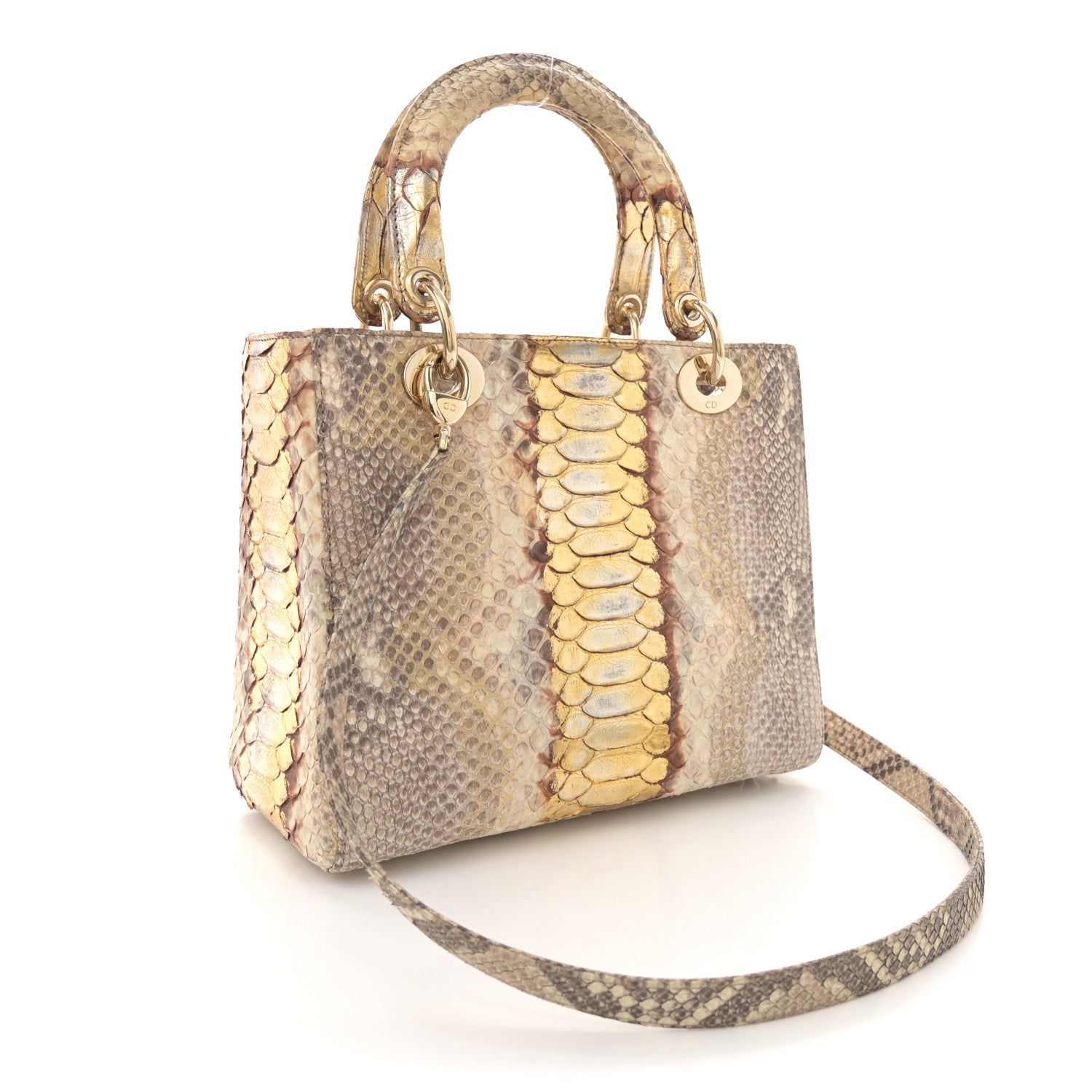Christian Dior Metallic Snakeskin Medium Lady Dior Beige Gold