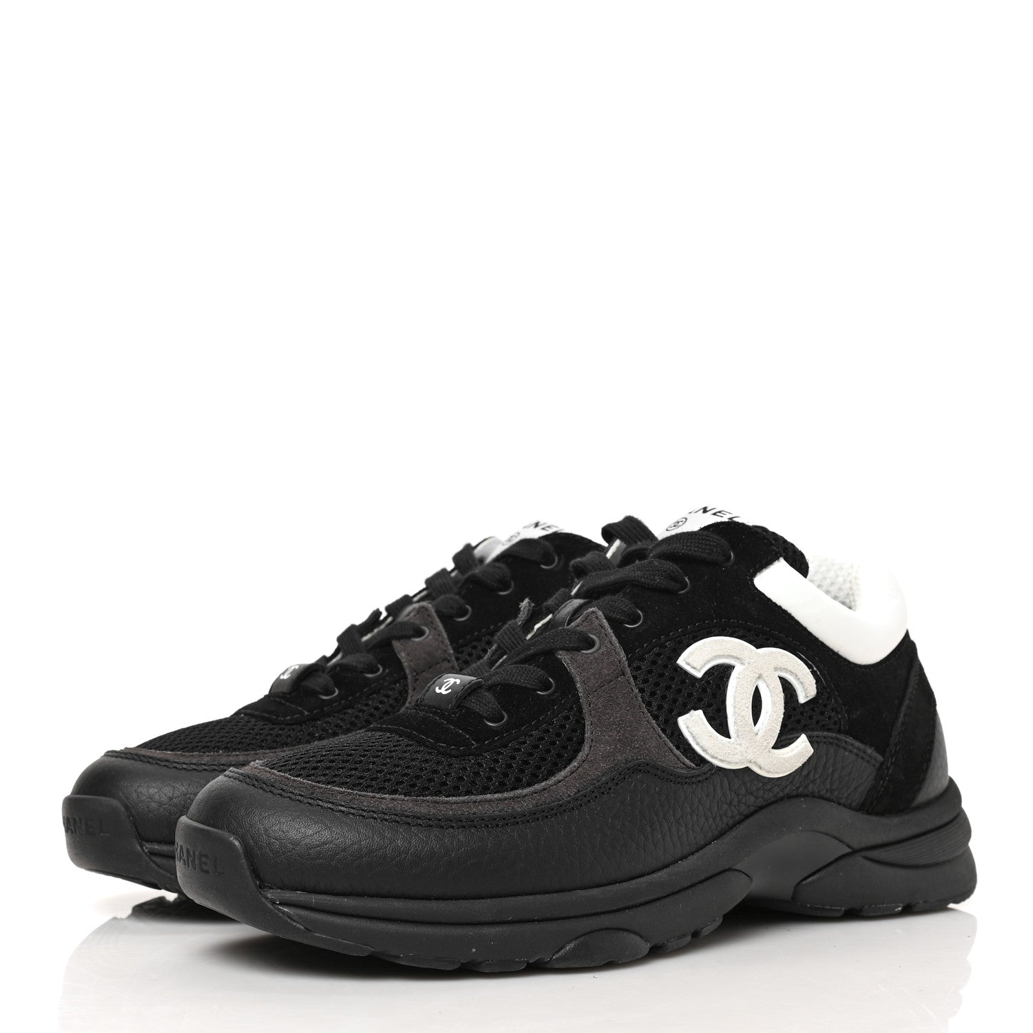 Chanel Mesh Suede Grained Calfskin Womens CC Sneakers 38 Black White 3 of 8