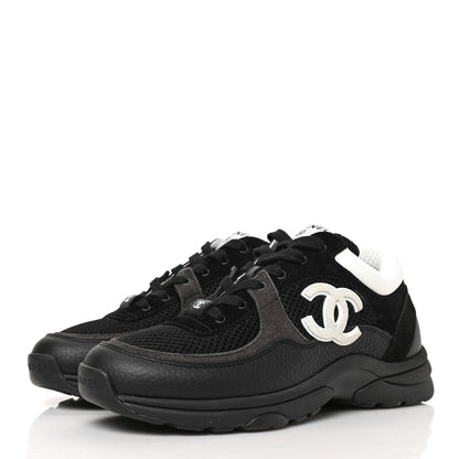 Chanel Mesh Suede Grained Calfskin Womens CC Sneakers 38 Black White 3 of 8