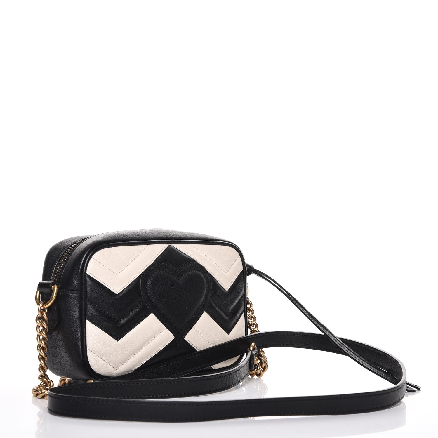 Gucci Calfskin Matelasse Mini GG Marmont Chain Shoulder Bag Black White 3 of 9