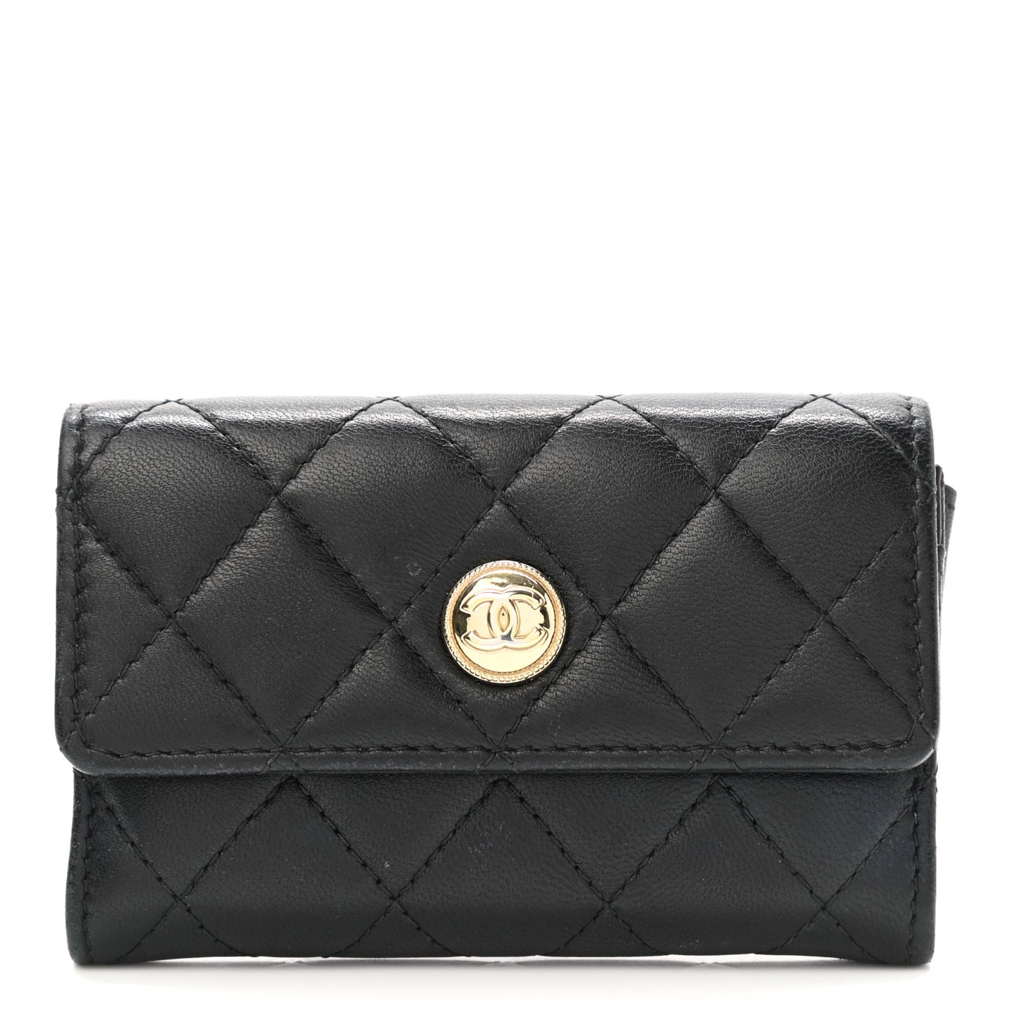 Lambskin Quilted CC Button Flap Card Holder Black