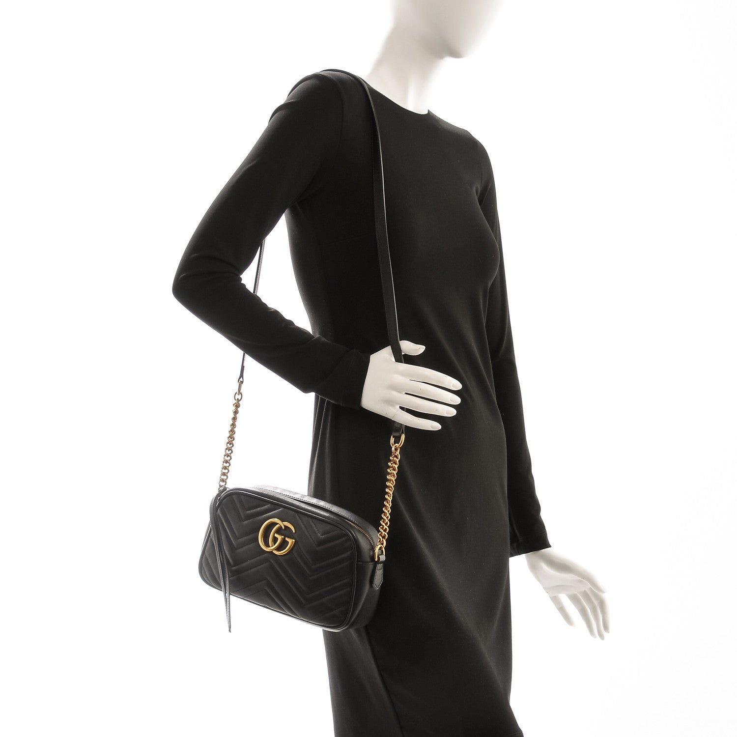 Gucci Calfskin Matelasse Small GG Marmont Chain Shoulder Bag Black 2 of 8