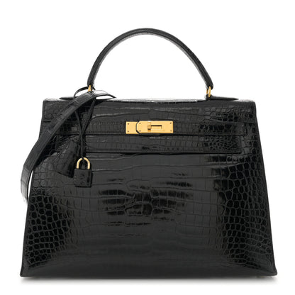 Hermes Shiny Porosus Crocodile Kelly Sellier 32 Black 1 of 11