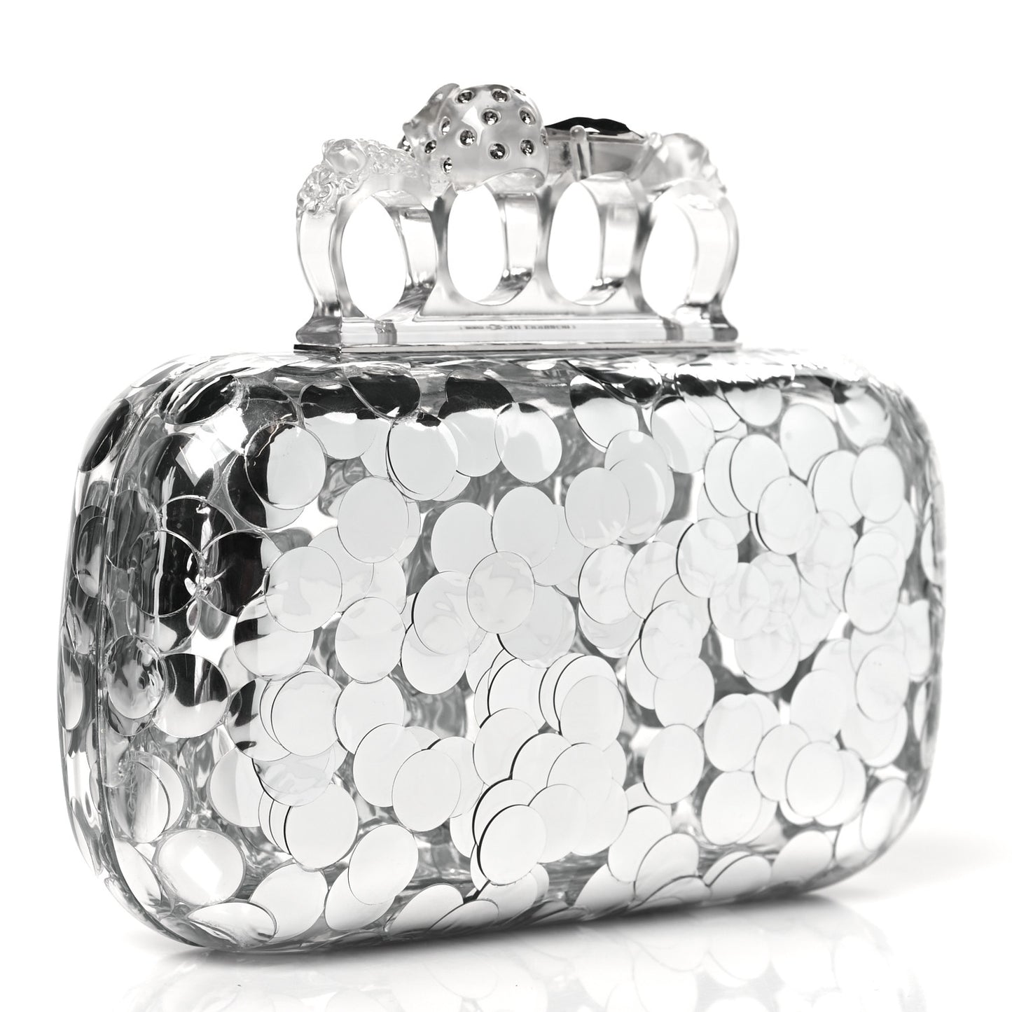 Plexi Mirror Sequin Skull Four Ring Clutch Silver