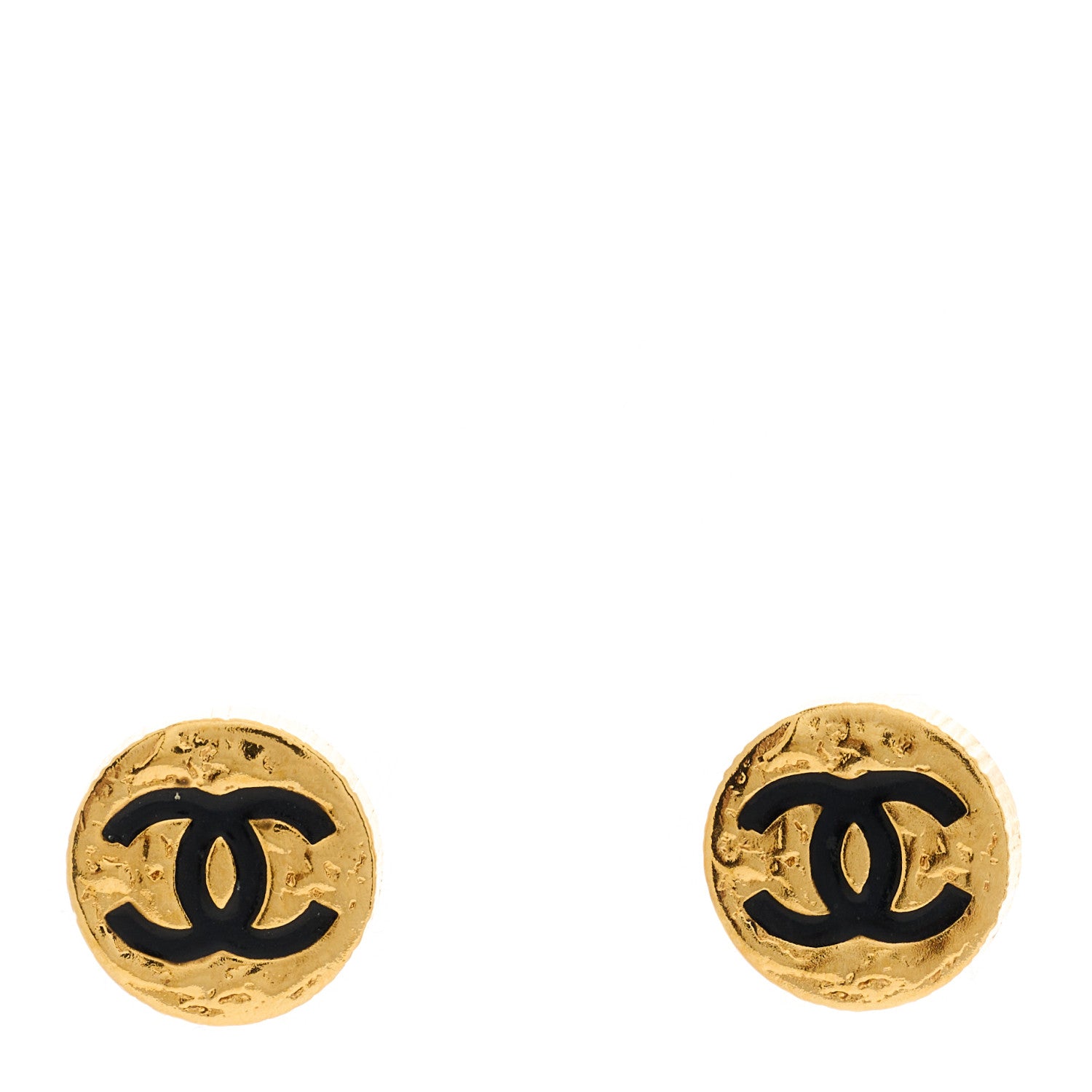 Chanel Metal Textured CC Round Earrings Gold Black 1 of 5