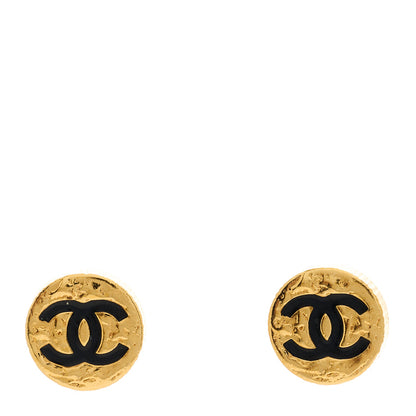Chanel Metal Textured CC Round Earrings Gold Black 1 of 5