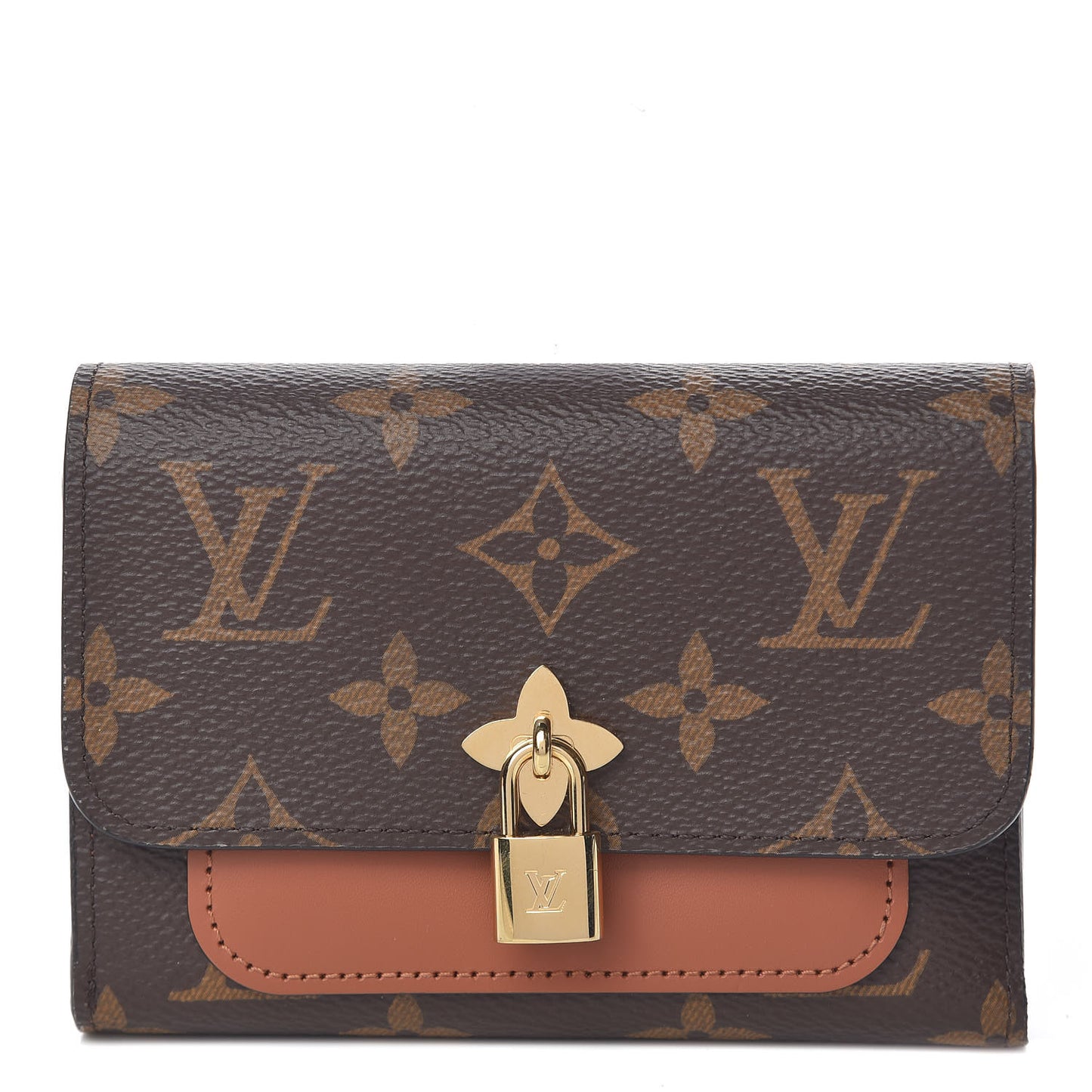 Monogram Flower Lock Compact Wallet Caramel