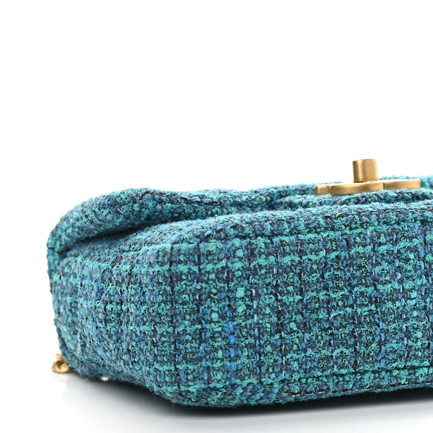Tweed Enamel Quilted Pending CC Mini Square Flap Blue Green