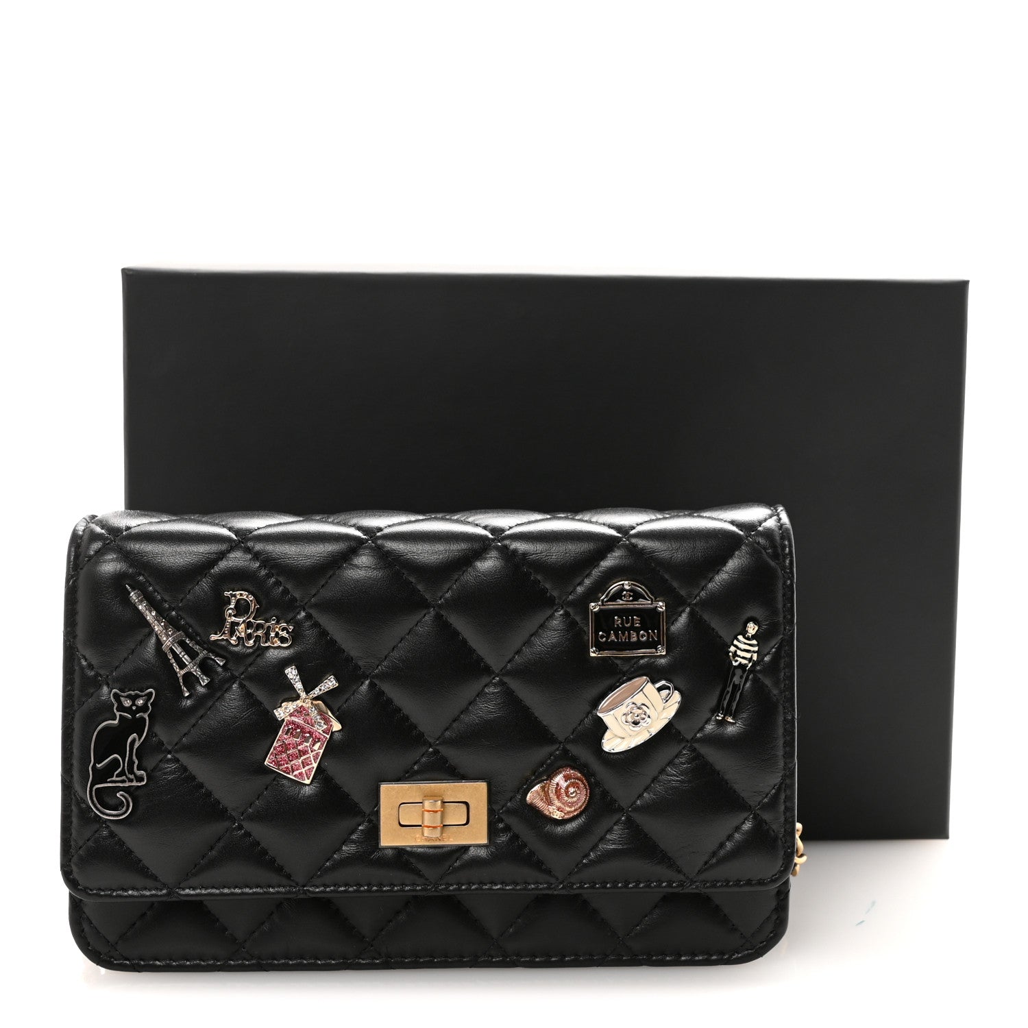 Chanel Lambskin Quilted Lucky Charms 2.55 Reissue Wallet On Chain WOC Black 12 of 12