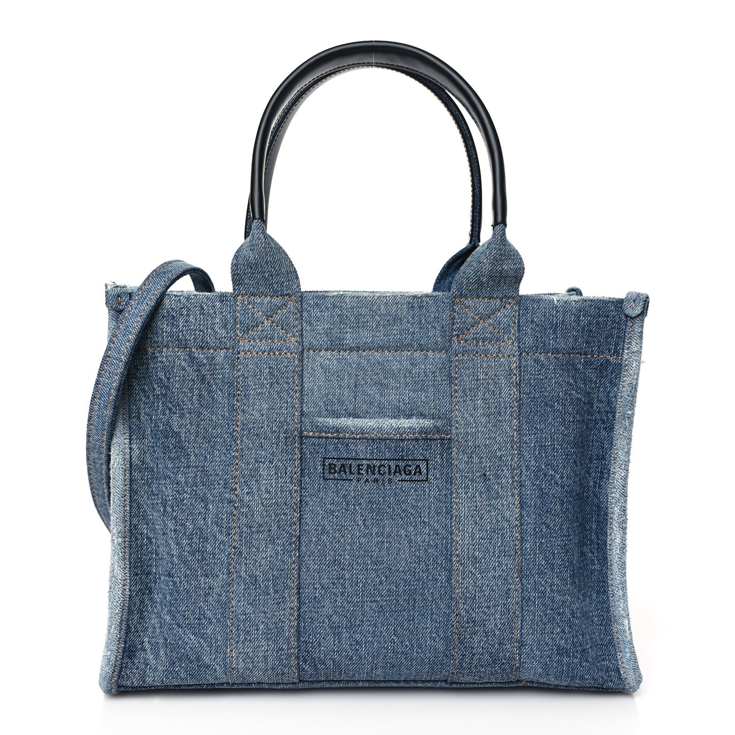 Washed Frayed Denim Logo Small Hardware Tote Blue