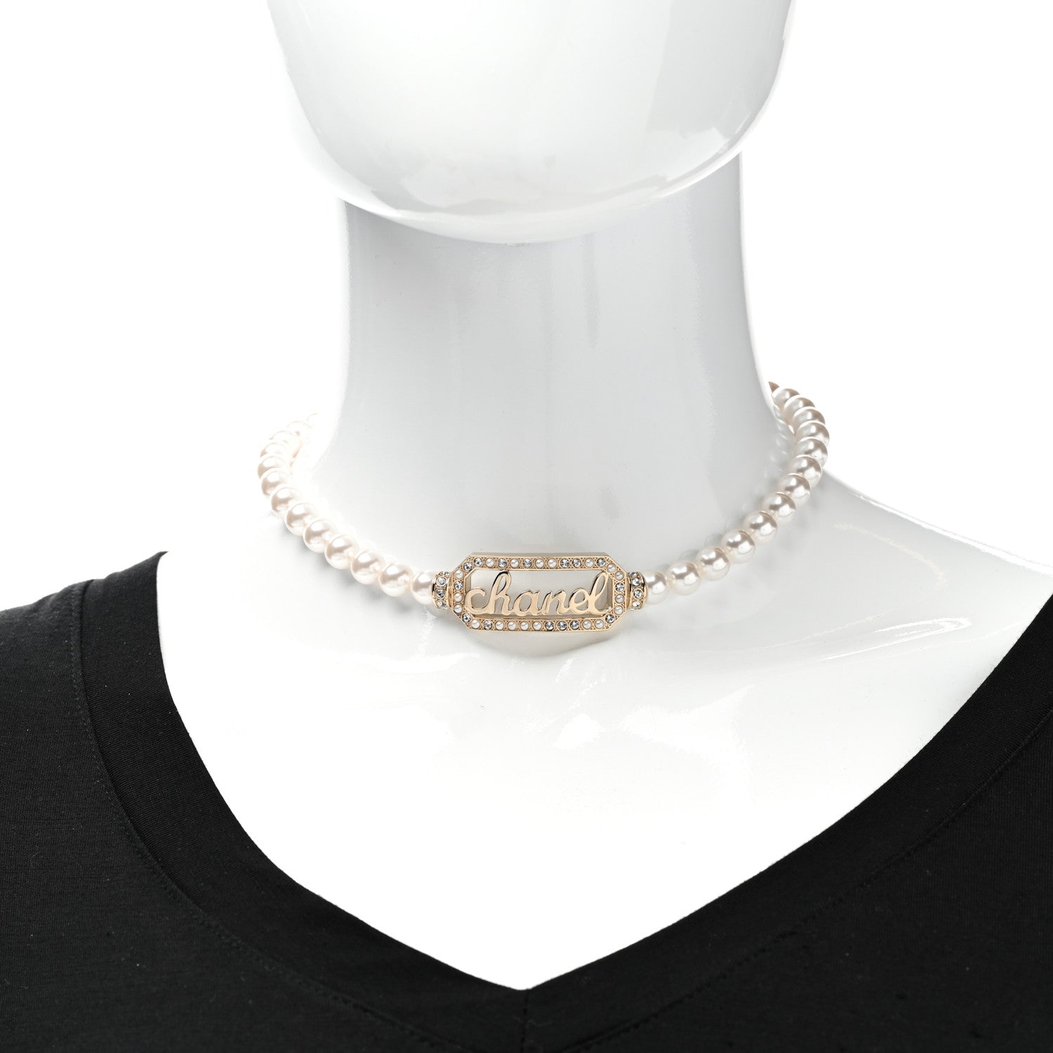 Chanel Pearl Crystal Logo Choker Gold Pearly White 2 of 5