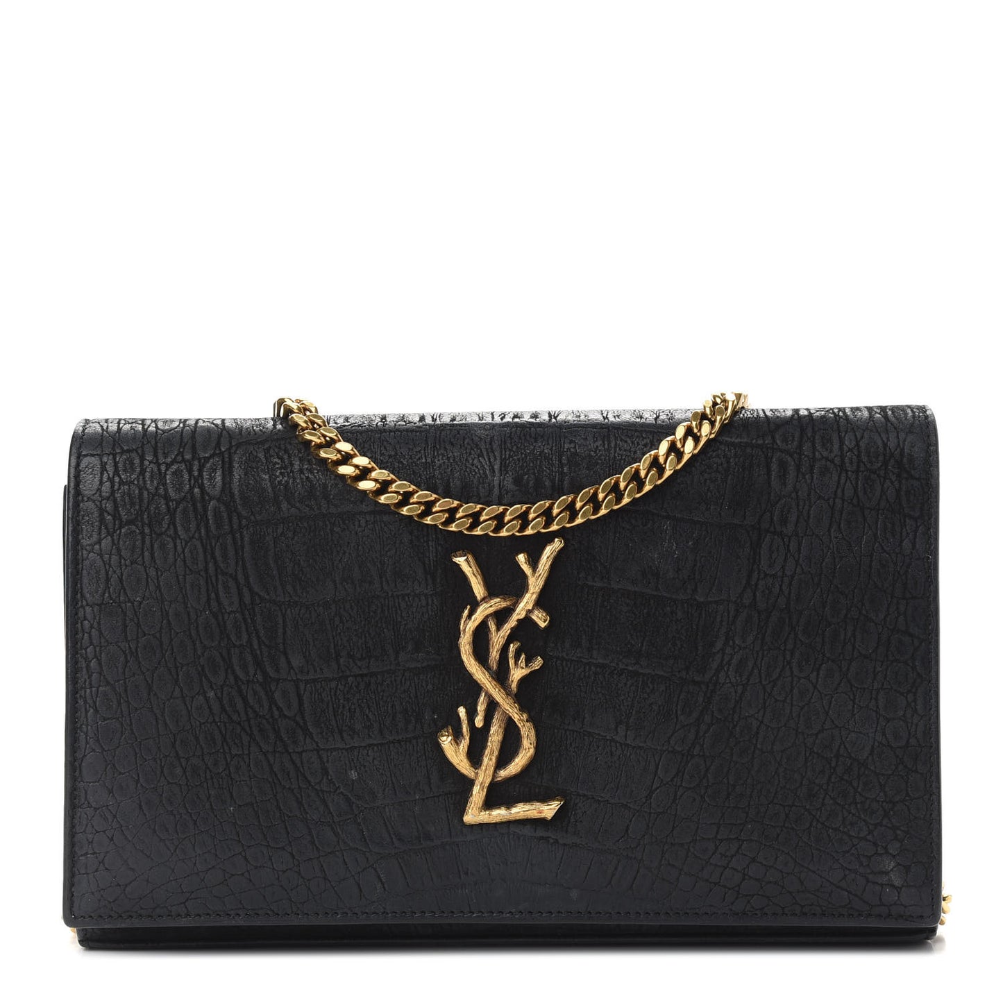 Crocodile Embossed Nubuck Monogram Chain Wallet in Black