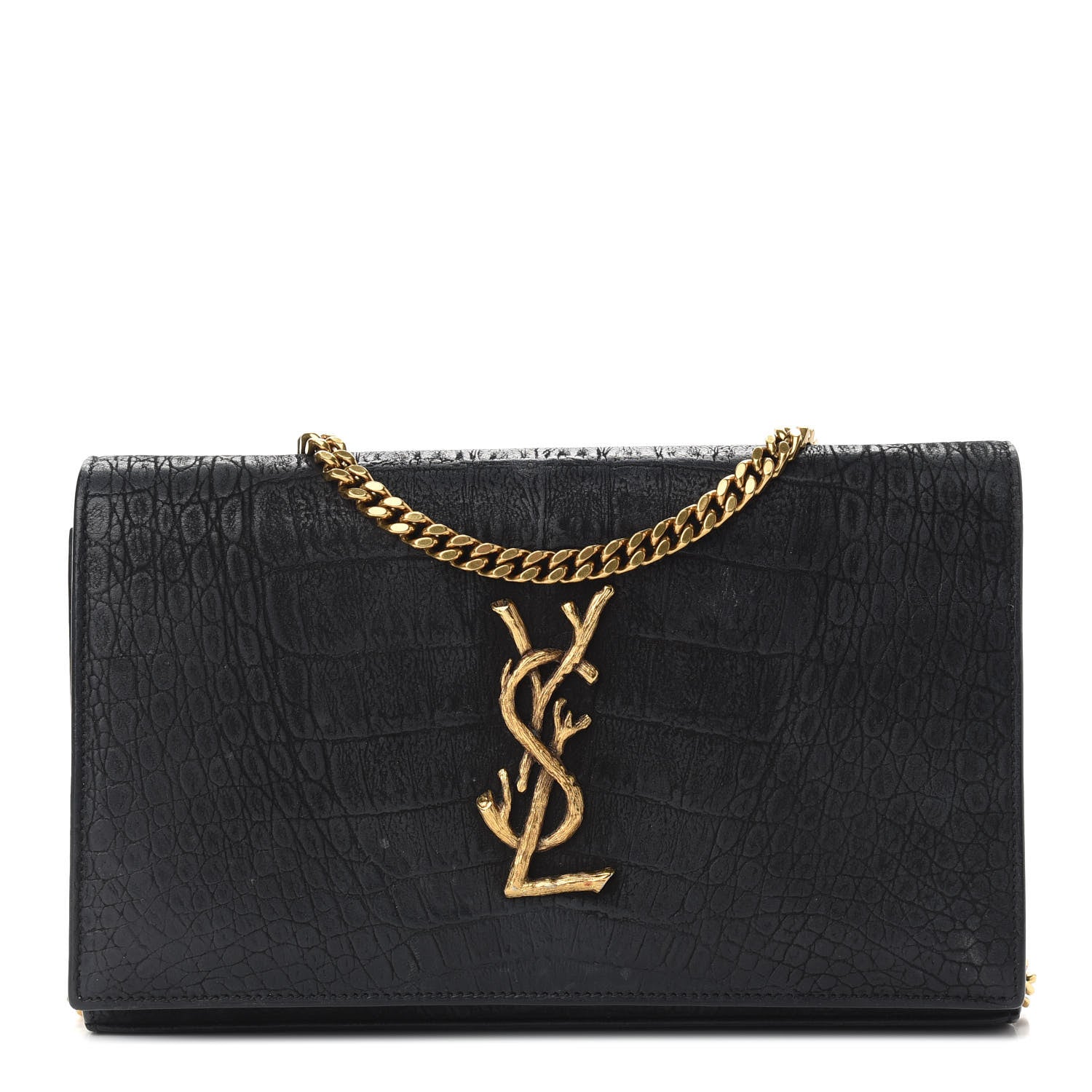 Saint Laurent Crocodile Embossed Nubuck Monogram Chain Wallet in Black 1 of 9