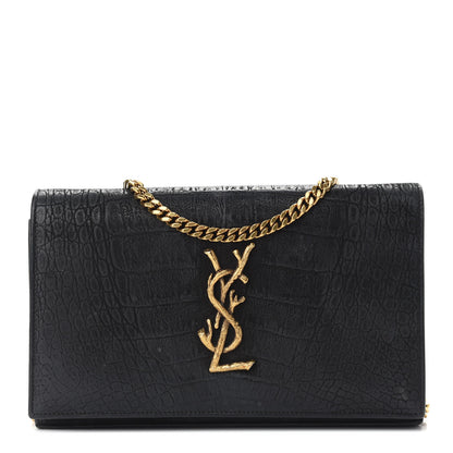 Saint Laurent Crocodile Embossed Nubuck Monogram Chain Wallet in Black 1 of 9