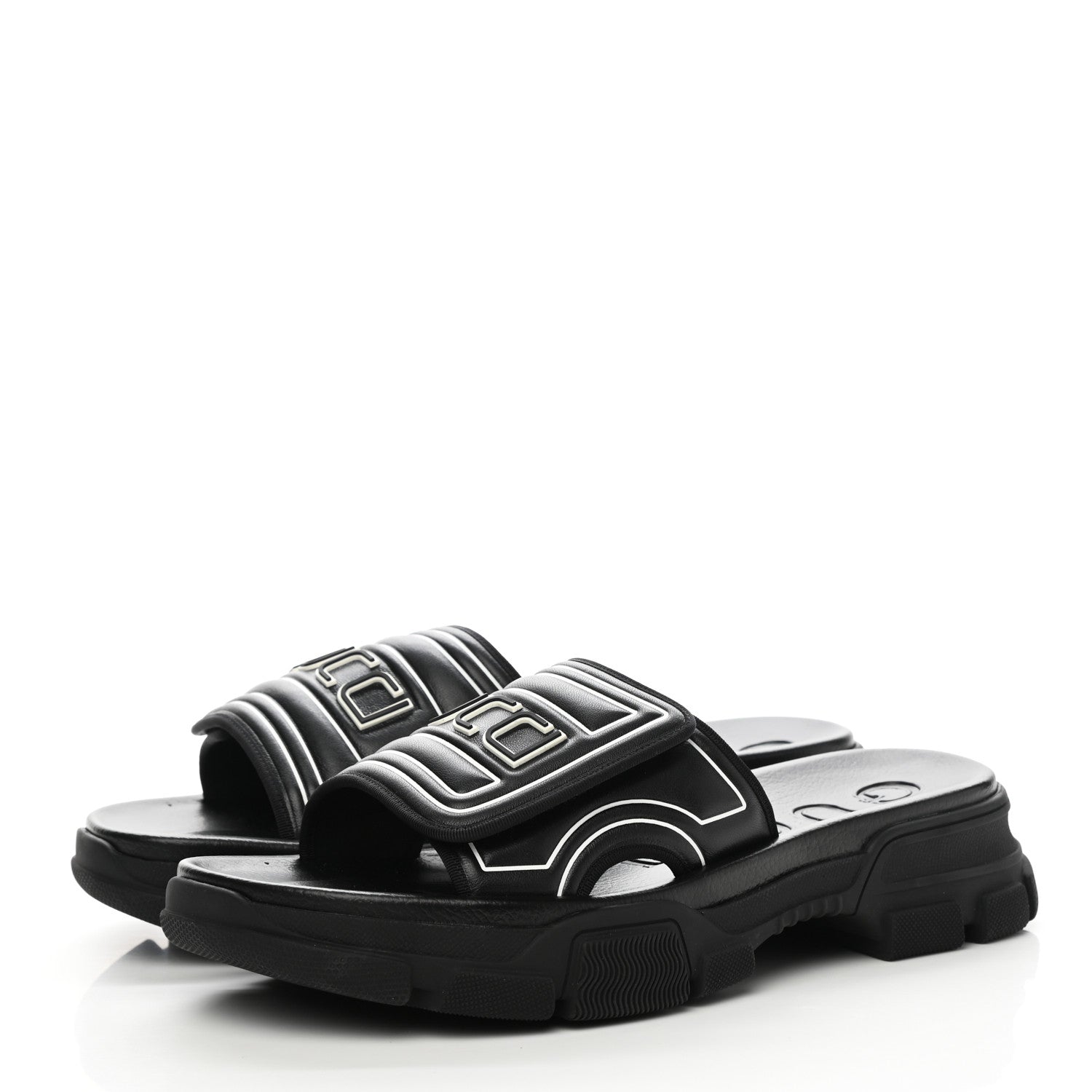 Gucci Nappa Grosgrain Logo Mens Velcro Chunky Slide Sandals 10 Black 3 of 8