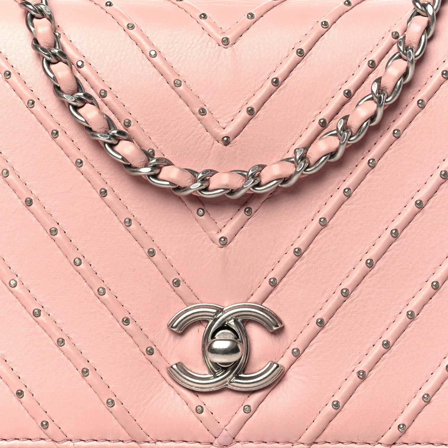 Calfskin Studded Chevron Quilted Flap Pink