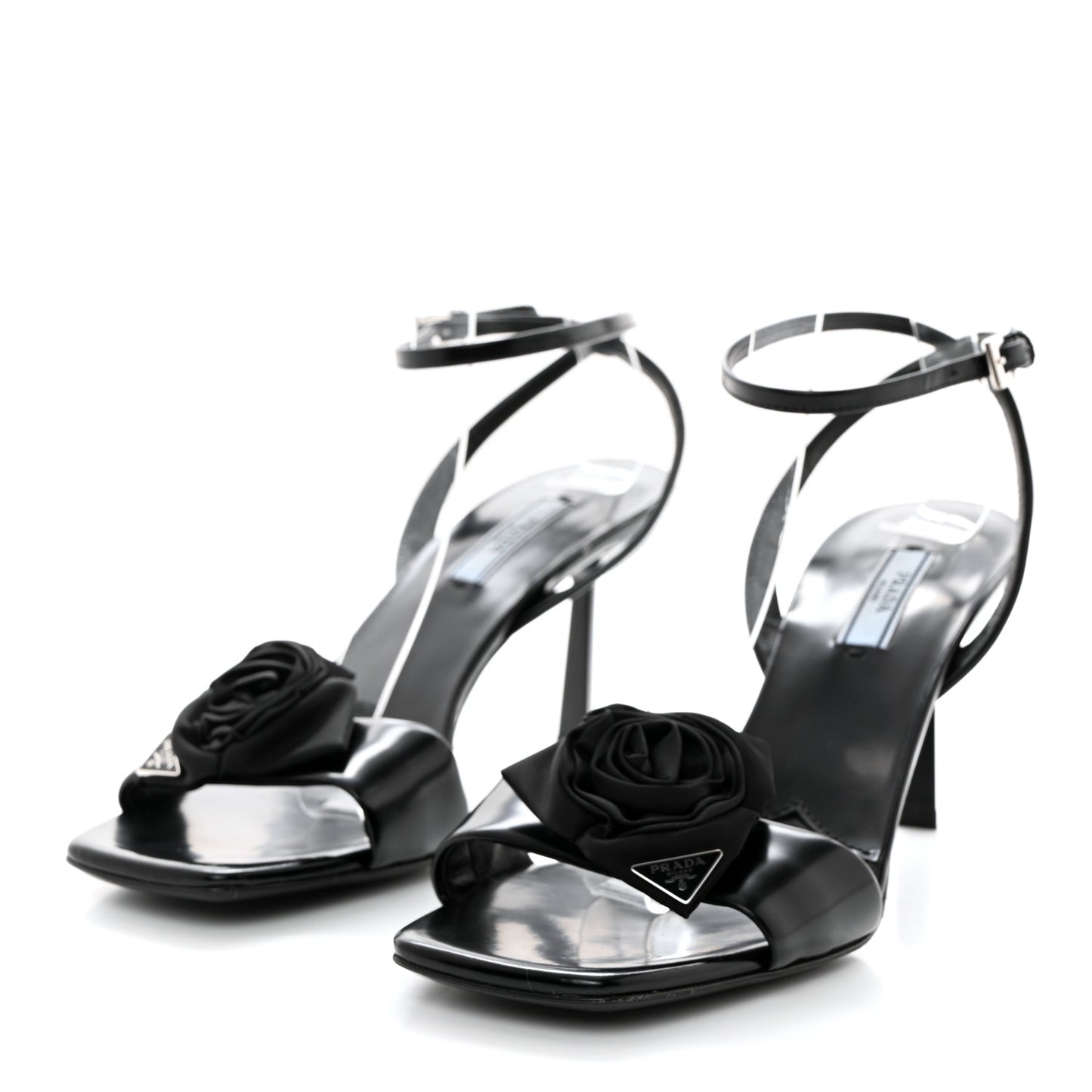 Vernice Nylon Flower Metal Triangle Logo Open Toe 65mm Sandals 39 Black
