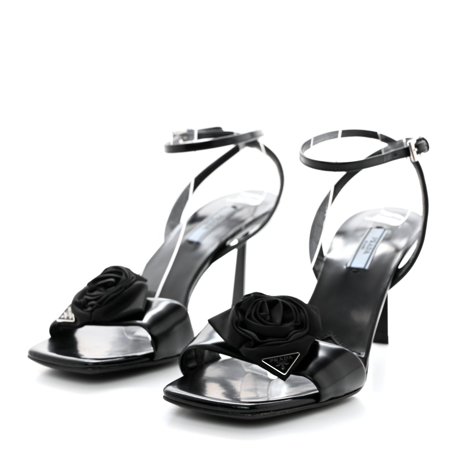 Prada Vernice Nylon Flower Metal Triangle Logo Open Toe 65mm Sandals 39 Black 3 of 8