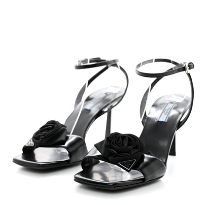 Prada Vernice Nylon Flower Metal Triangle Logo Open Toe 65mm Sandals 39 Black 3 of 8