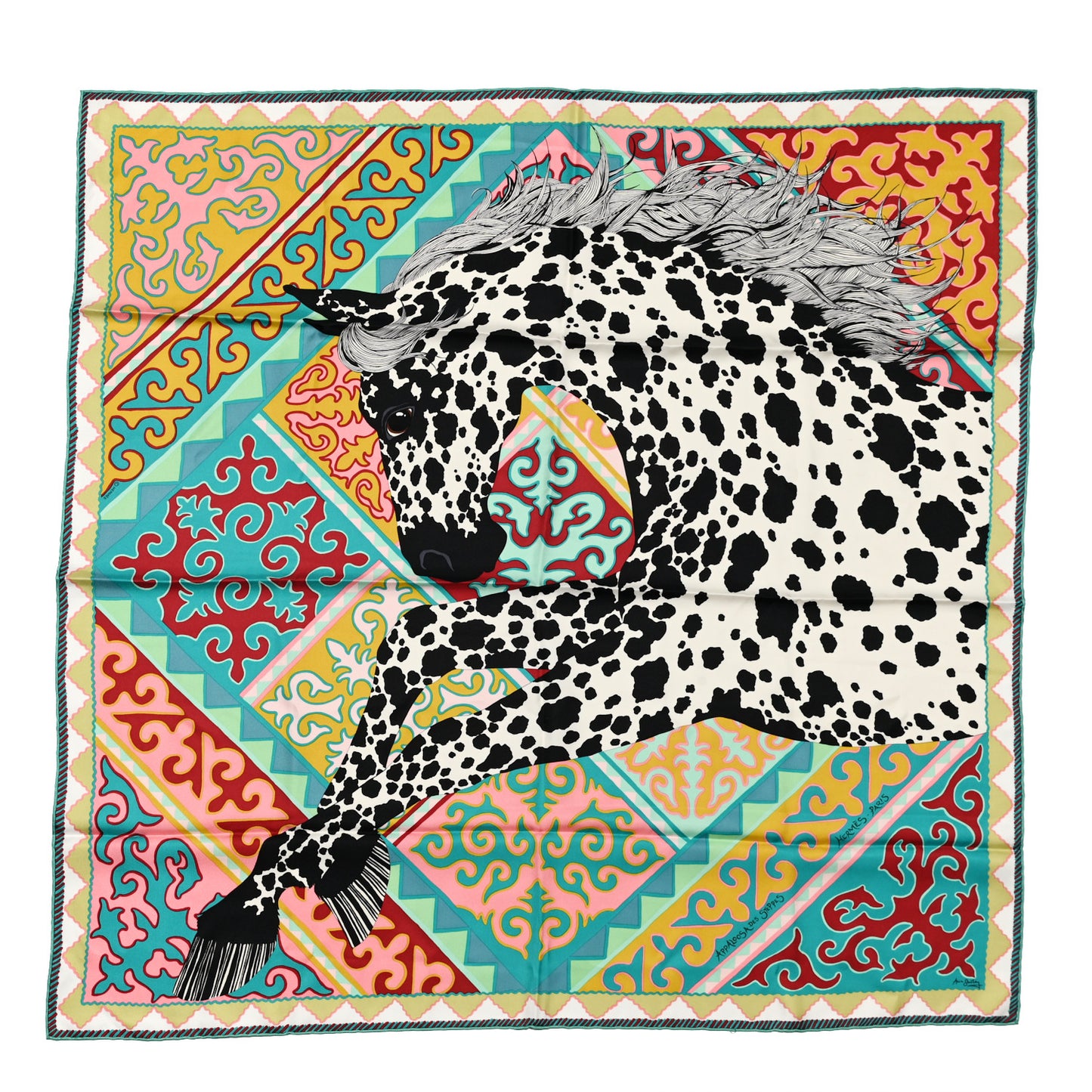 Silk Appaloosa Des Steppes Scarf 90 Creme Black Vert