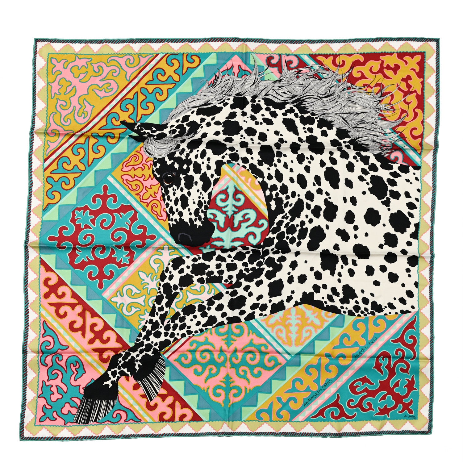 Hermes Silk Appaloosa Des Steppes Scarf 90 Creme Black Vert 1 of 6