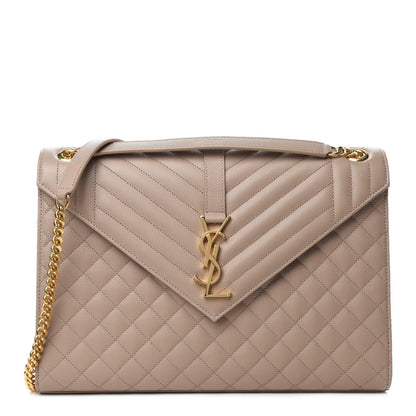 Saint Laurent Grain De Poudre Mixed Matelasse Large Triquilt Monogram Satchel Dark Beige 1 of 11