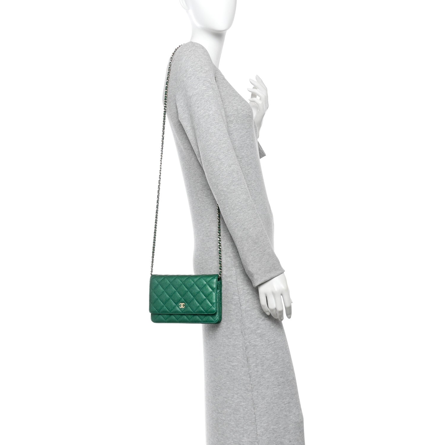 Chanel Metallic Caviar Quilted Wallet On Chain WOC Green 2 of 11