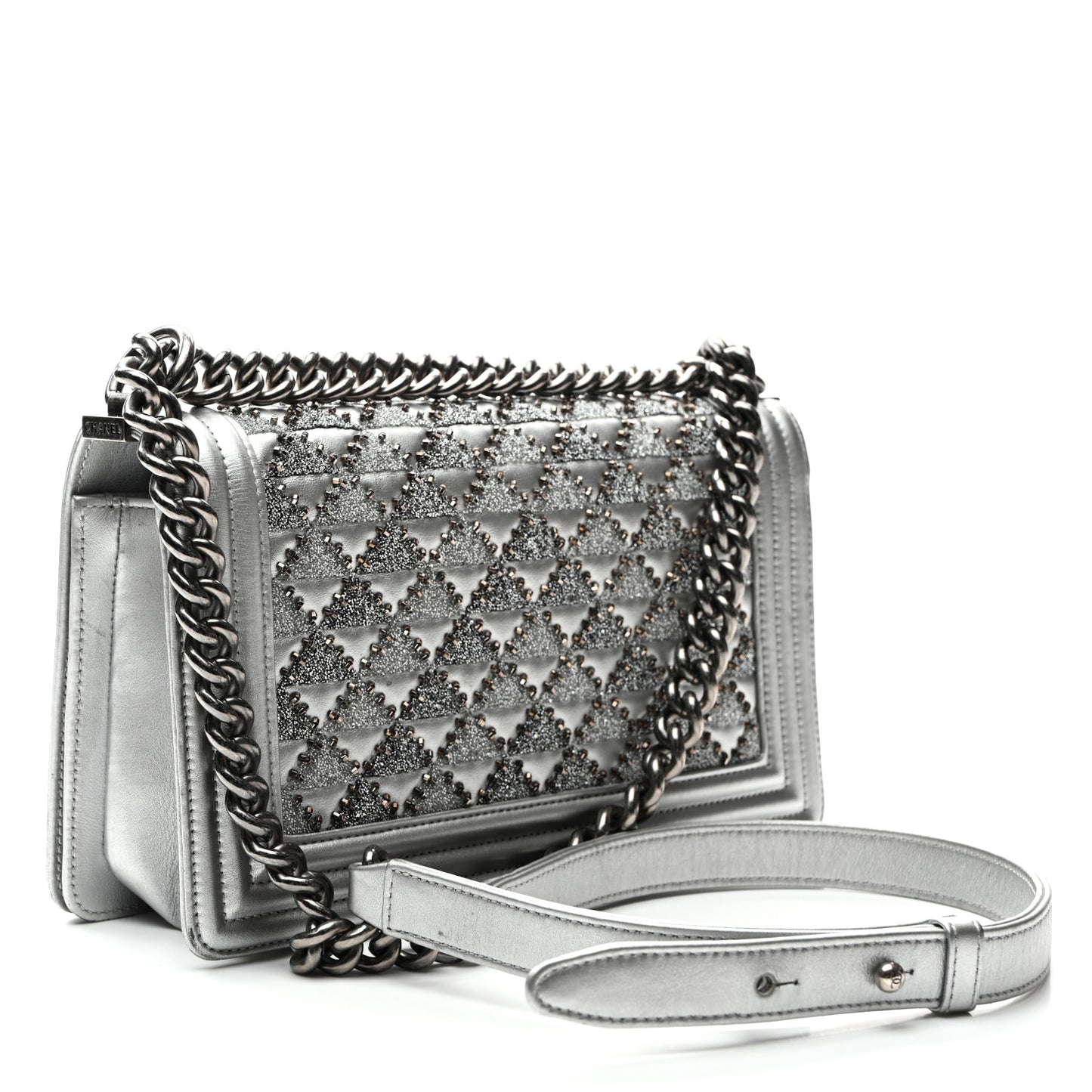 Metallic Lambskin Embellished Medium Boy Flap Silver
