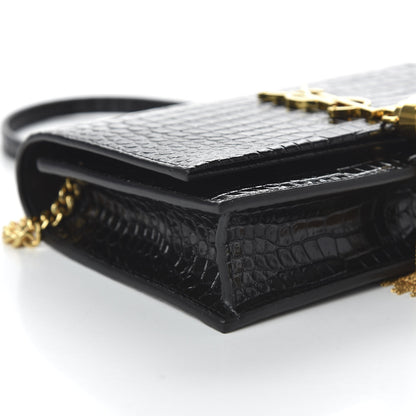 Saint Laurent Calfskin Crocodile Embossed Kate Monogram Tassel Chain Wallet Black 6 of 10