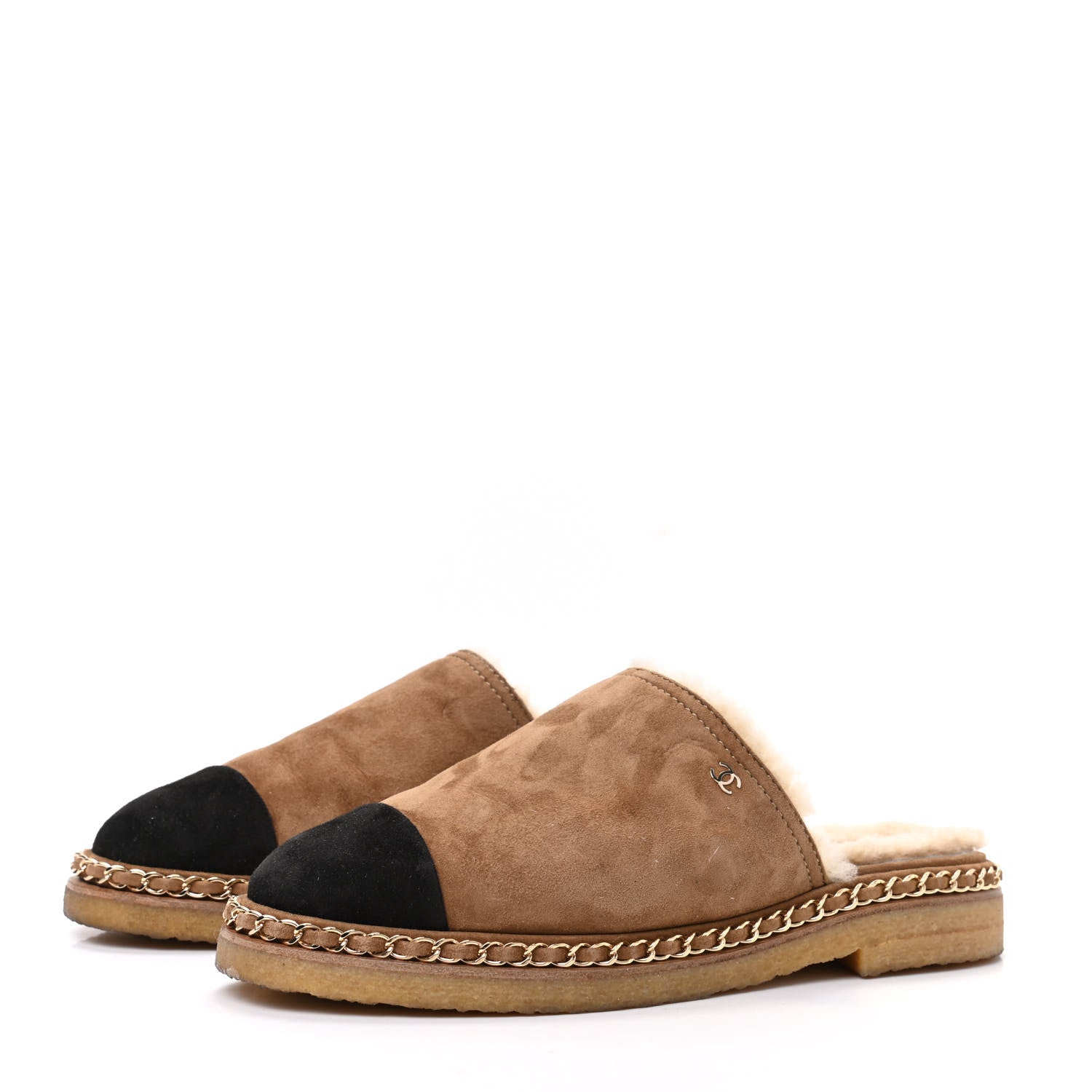 Chanel Kid Suede Shearling CC Chain Mules 40 Light Brown Black 3 of 8