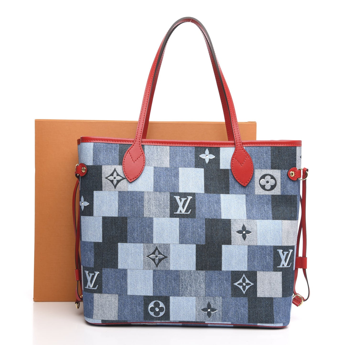 Denim Damier Monogram Patchwork Neverfull Blue Rouge