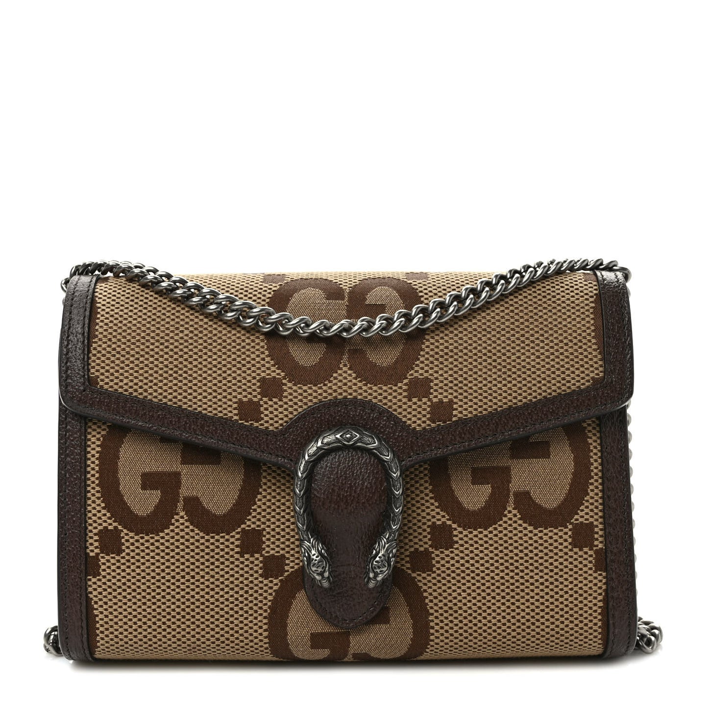 Monogram Jumbo GG Textured Dollar Calfskin Mini Dionysus Chain Wallet Camel Ebony New Acero