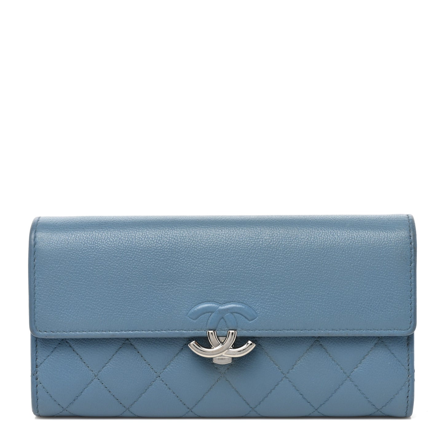 Grained Calfskin Quilted CC Box Flap Wallet Blue