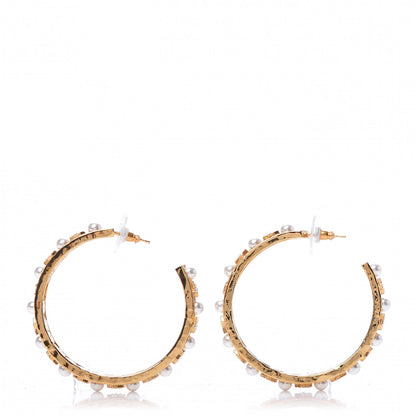 Chanel Crystal Pearl CC Hoop Earrings Gold Pearly White 2 of 5