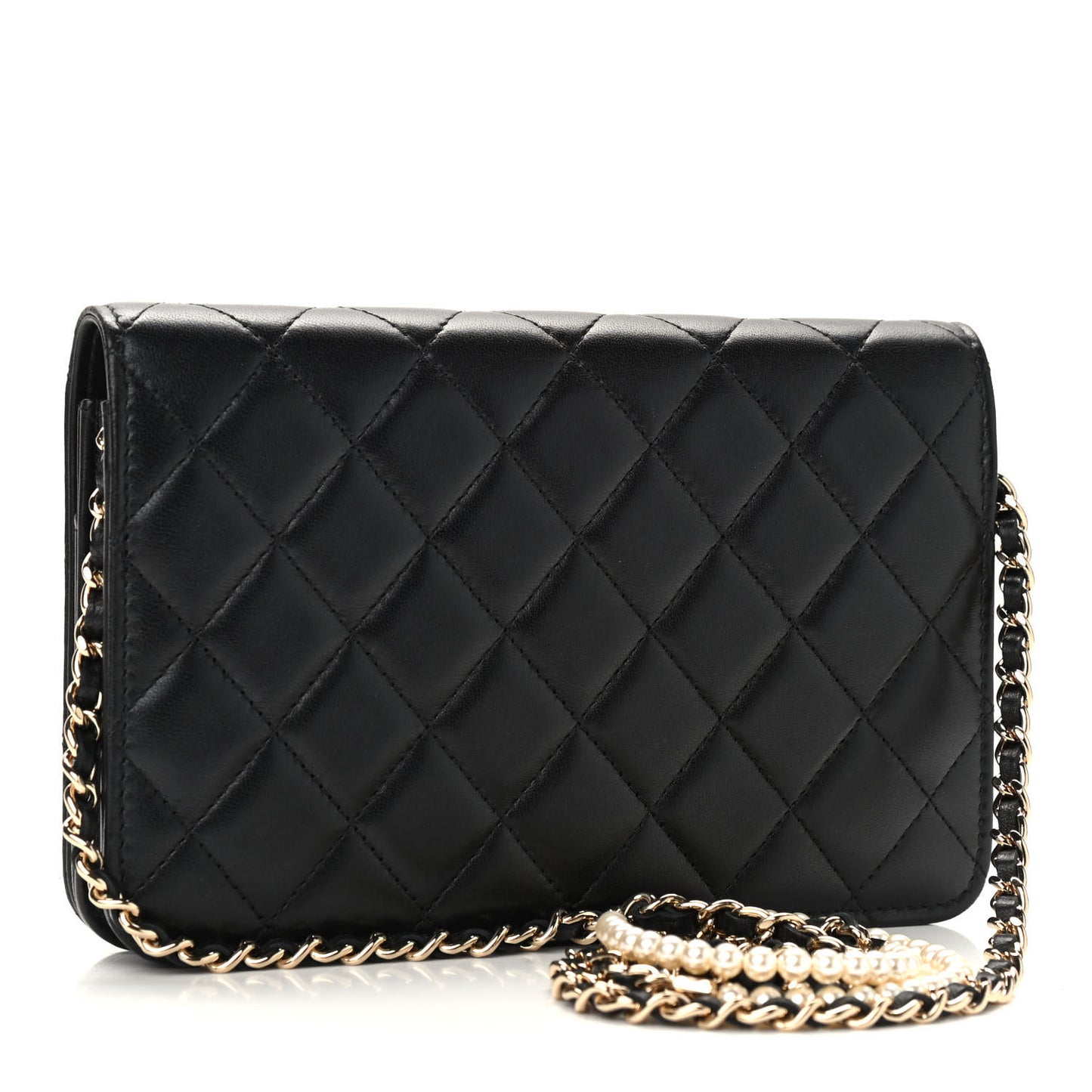 Lambskin Quilted Pearl Wallet On Chain WOC Black