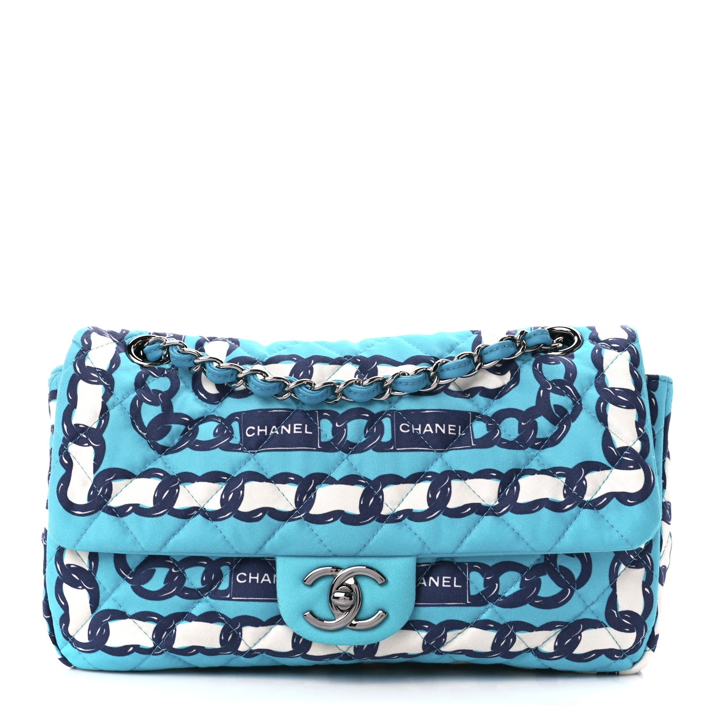 Silk Chain Printed Medium Single Flap Blue