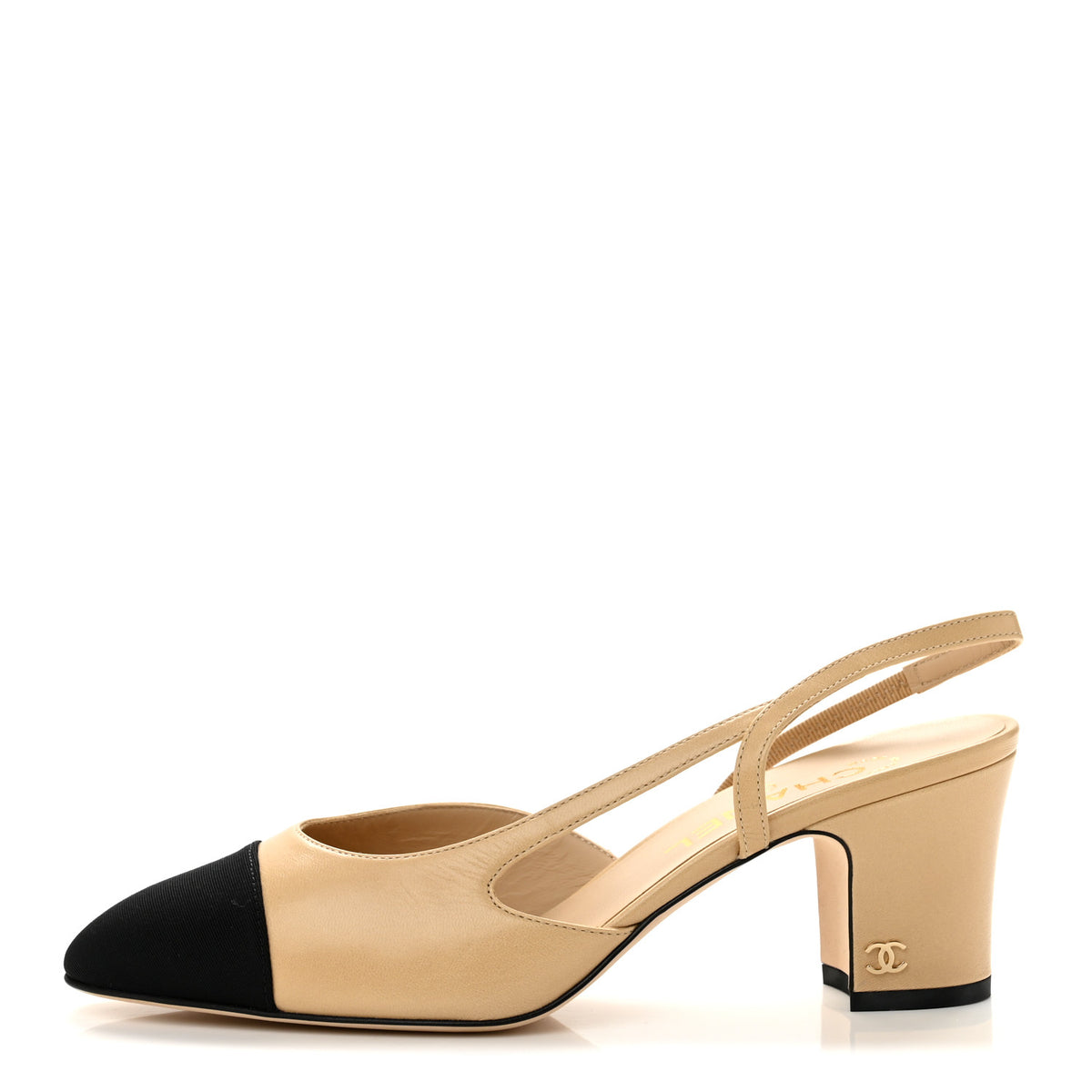 Goatskin Grosgrain Cap Toe CC Slingback Pumps 38 Beige Black