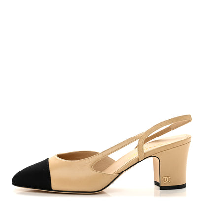 Chanel Goatskin Grosgrain Cap Toe CC Slingback Pumps 38 Beige Black 1 of 10