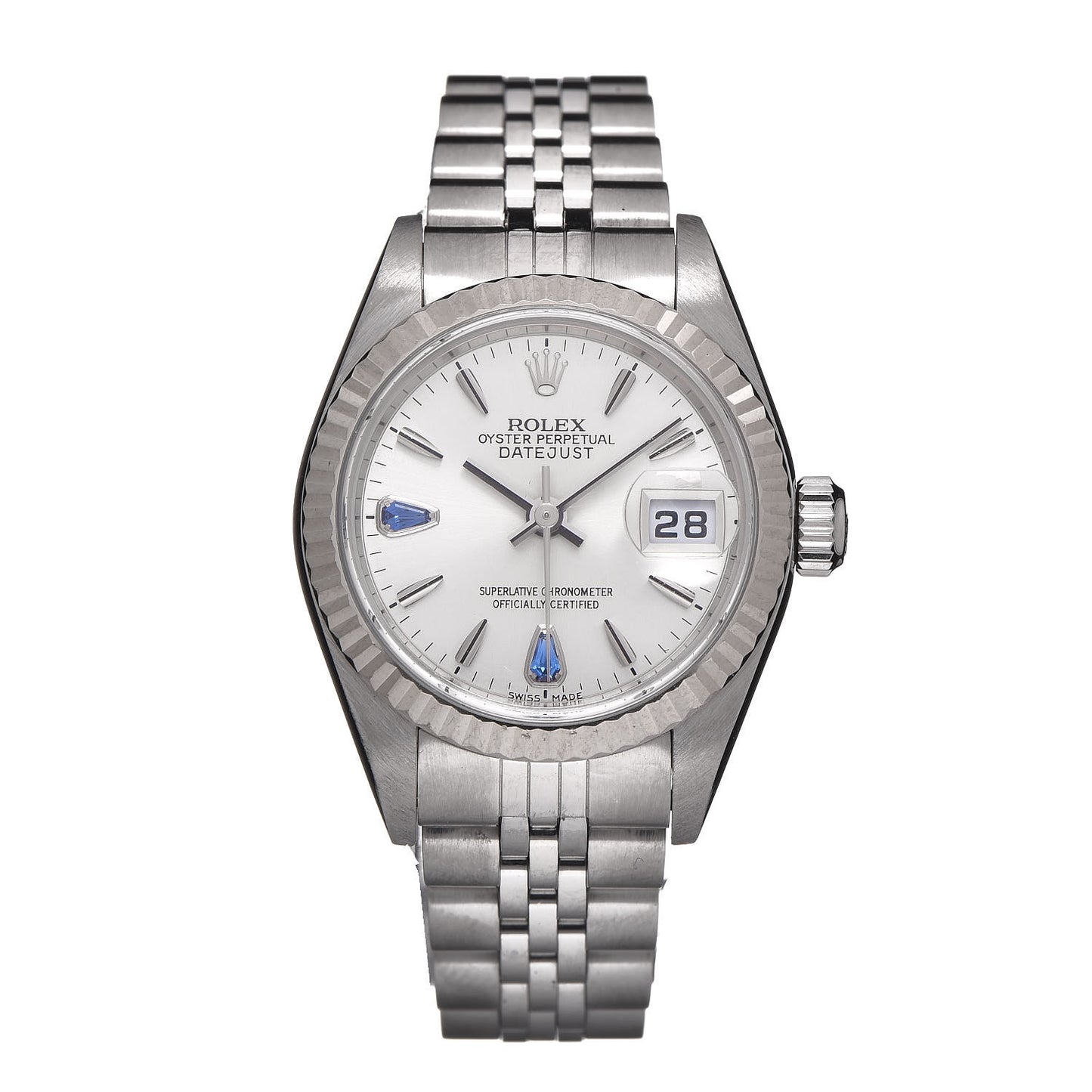 Stainless Steel 18K White Gold Blue Sapphire 26mm Oyster Perpetual Datejust Watch Silver 79174