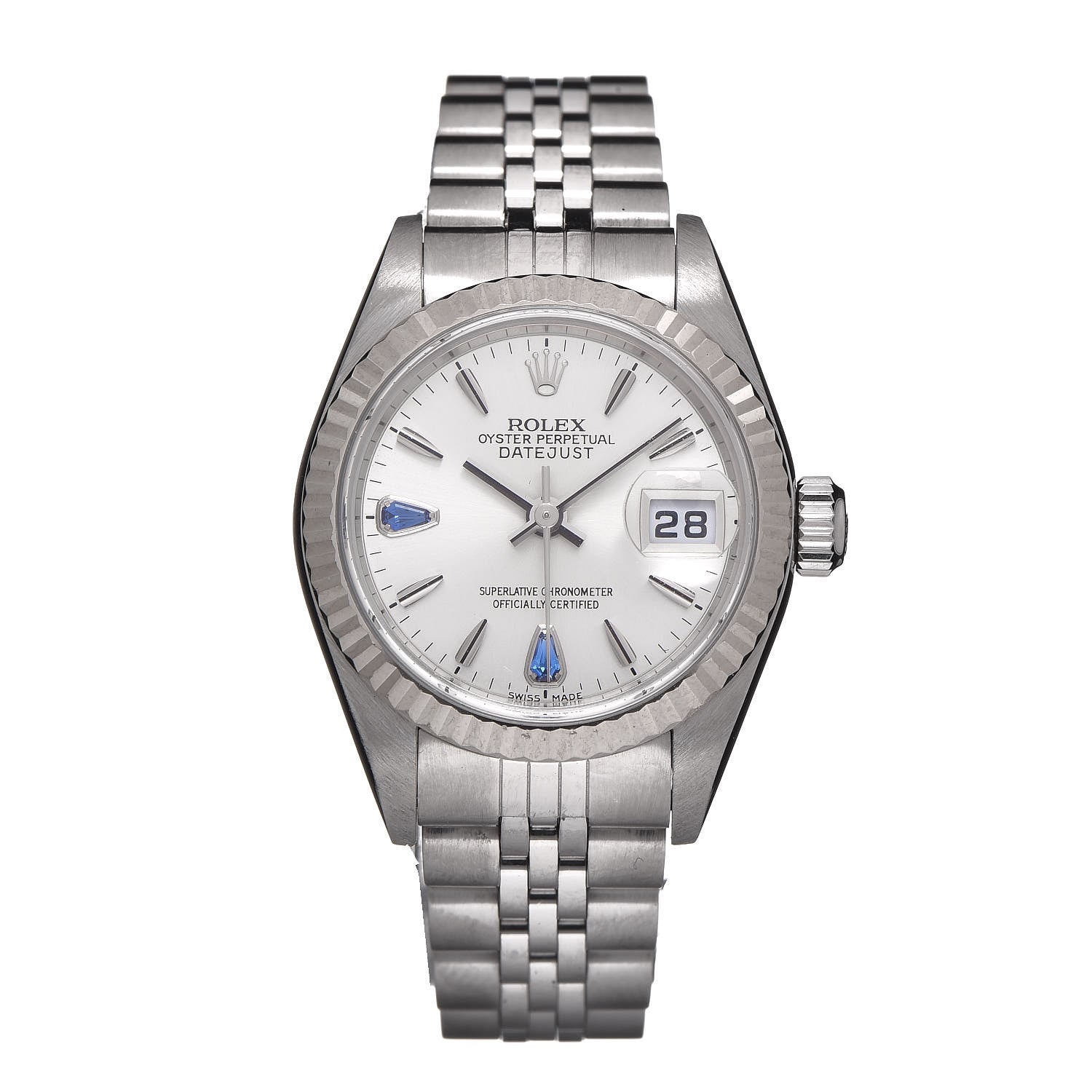 Rolex Stainless Steel 18K White Gold Blue Sapphire 26mm Oyster Perpetual Datejust Watch Silver 79174 1 of 6