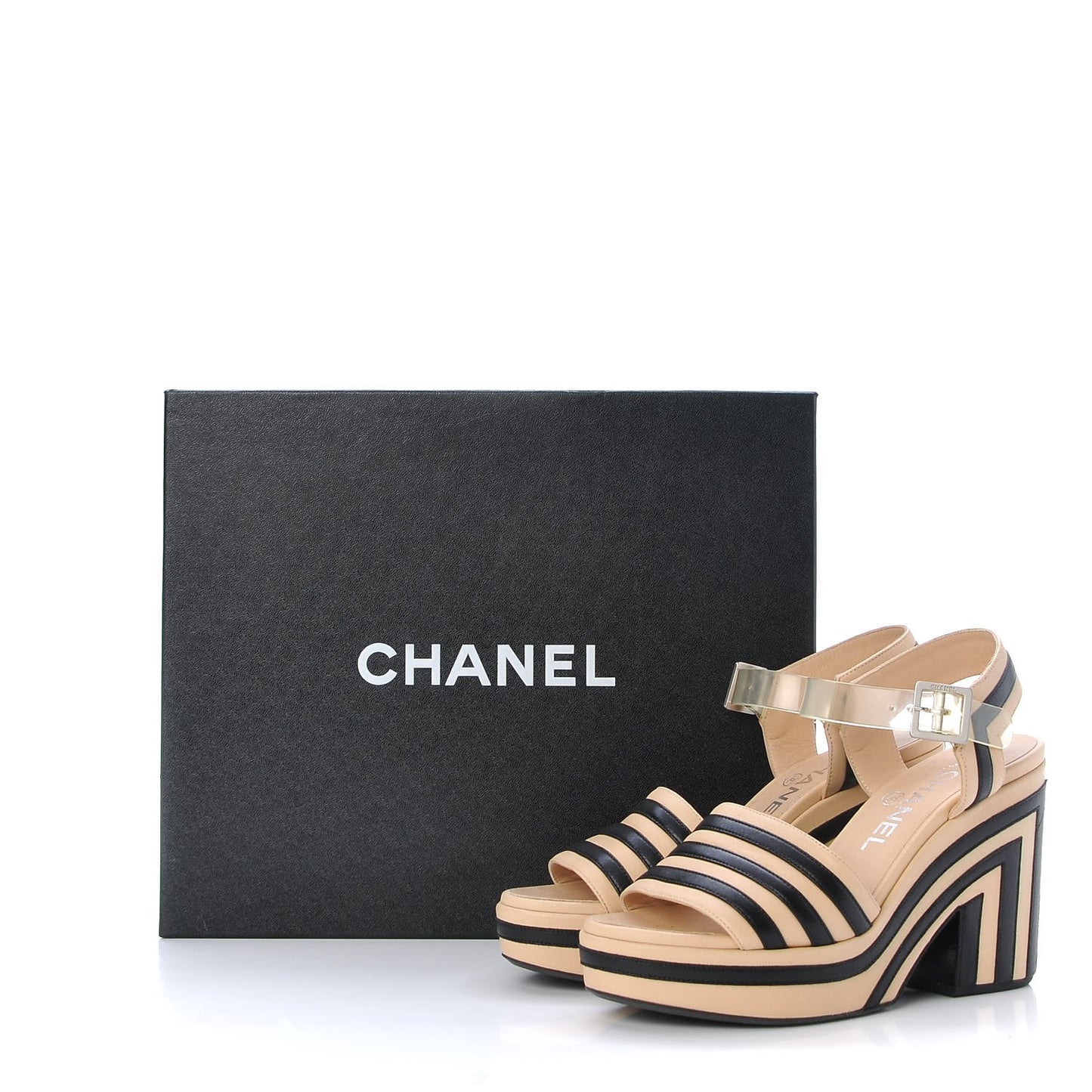 Lambskin Striped Wedge Sandals 35 Beige Black