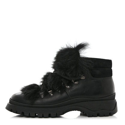 Prada Calfskin Shearling Montone Pull Up Ankle Boots 37.5 Black 1 of 9