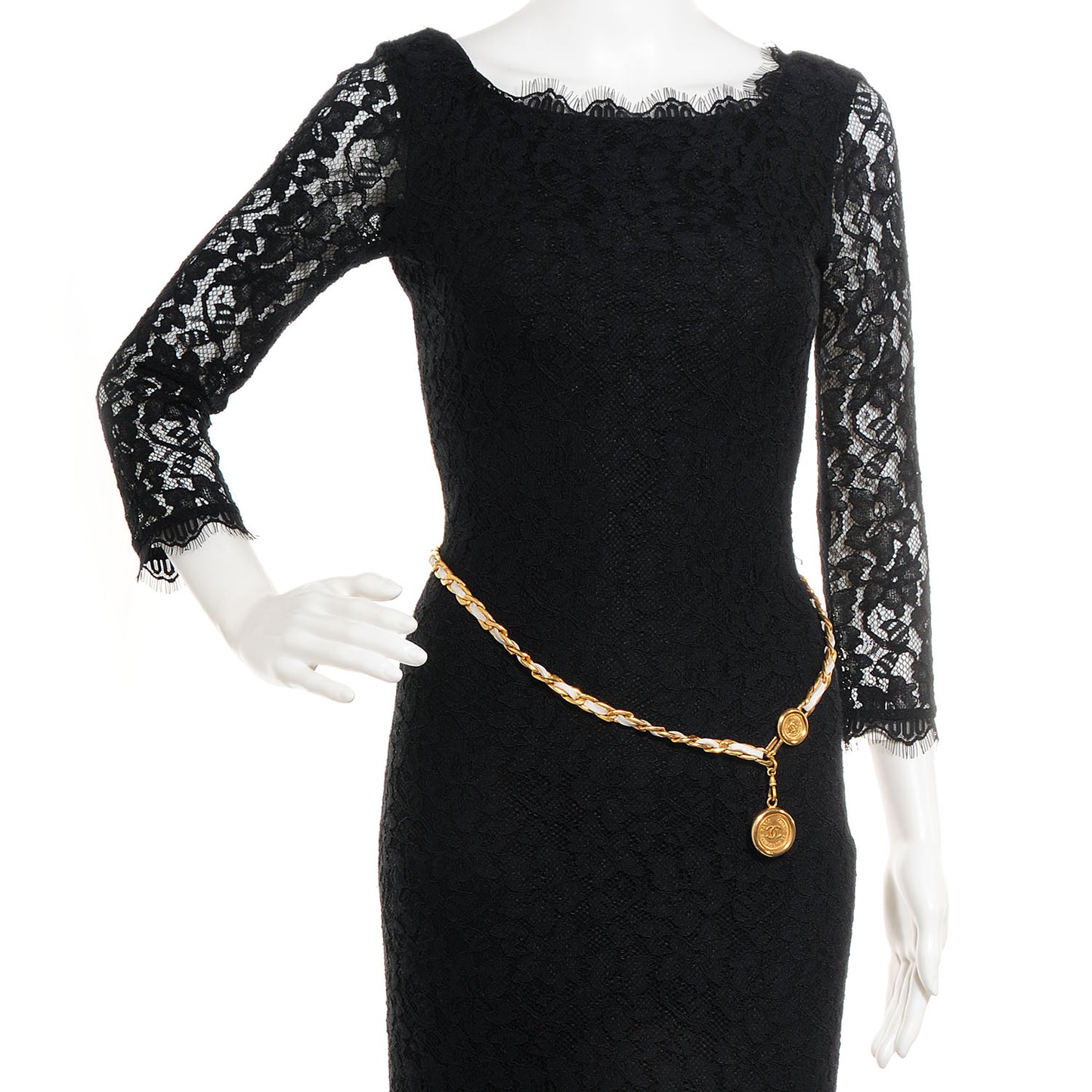 Leather Gold Chain CC Medallion Belt White