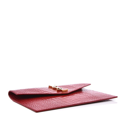 Saint Laurent Calfskin Crocodile Embossed Uptown Monogram Clutch Rouge Eros 3 of 6