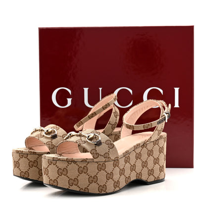 Gucci Monogram Nappa Chalotte Horsebit Ankle Strap 75mm Flatform Sandals 37.5 Beige Ebony 9 of 9