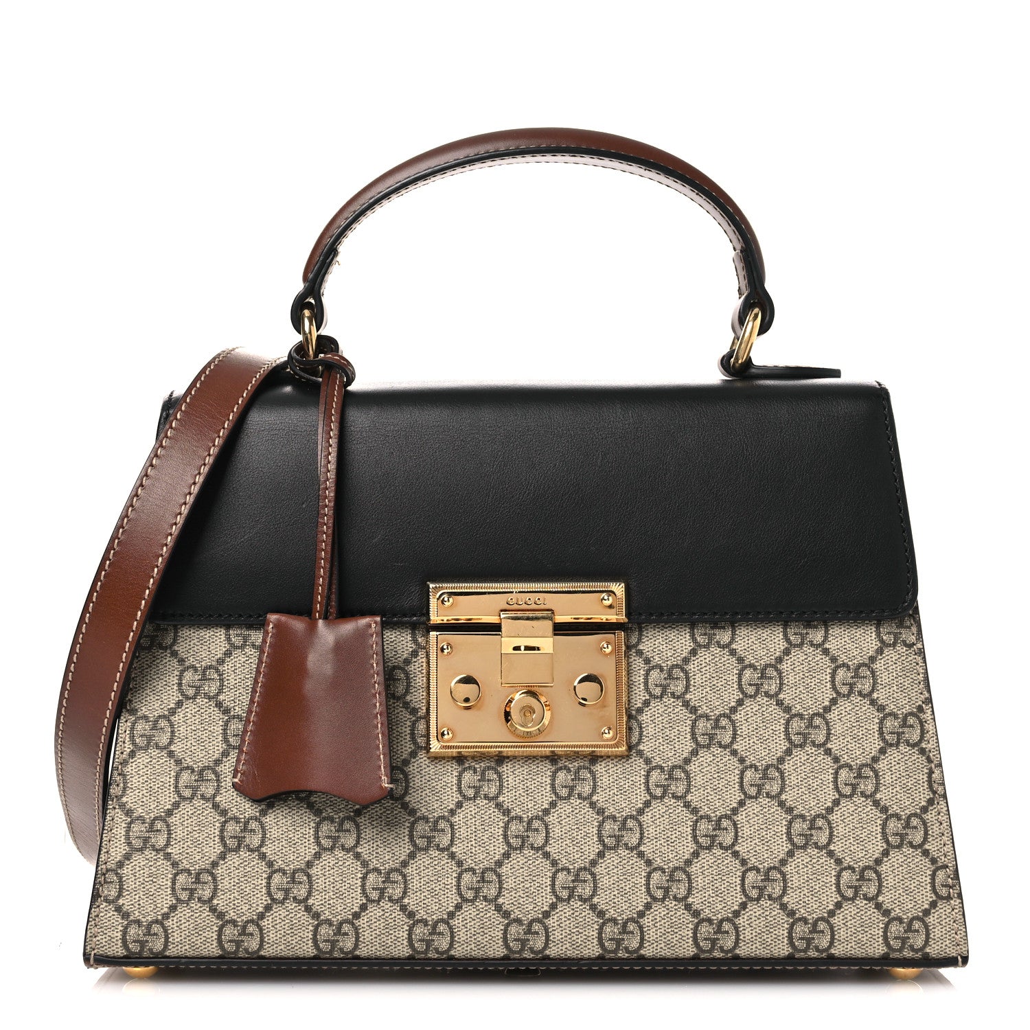 Gucci GG Supreme Monogram Calfskin Small Padlock Top Handle Bag Beige Black Cuir 1 of 13