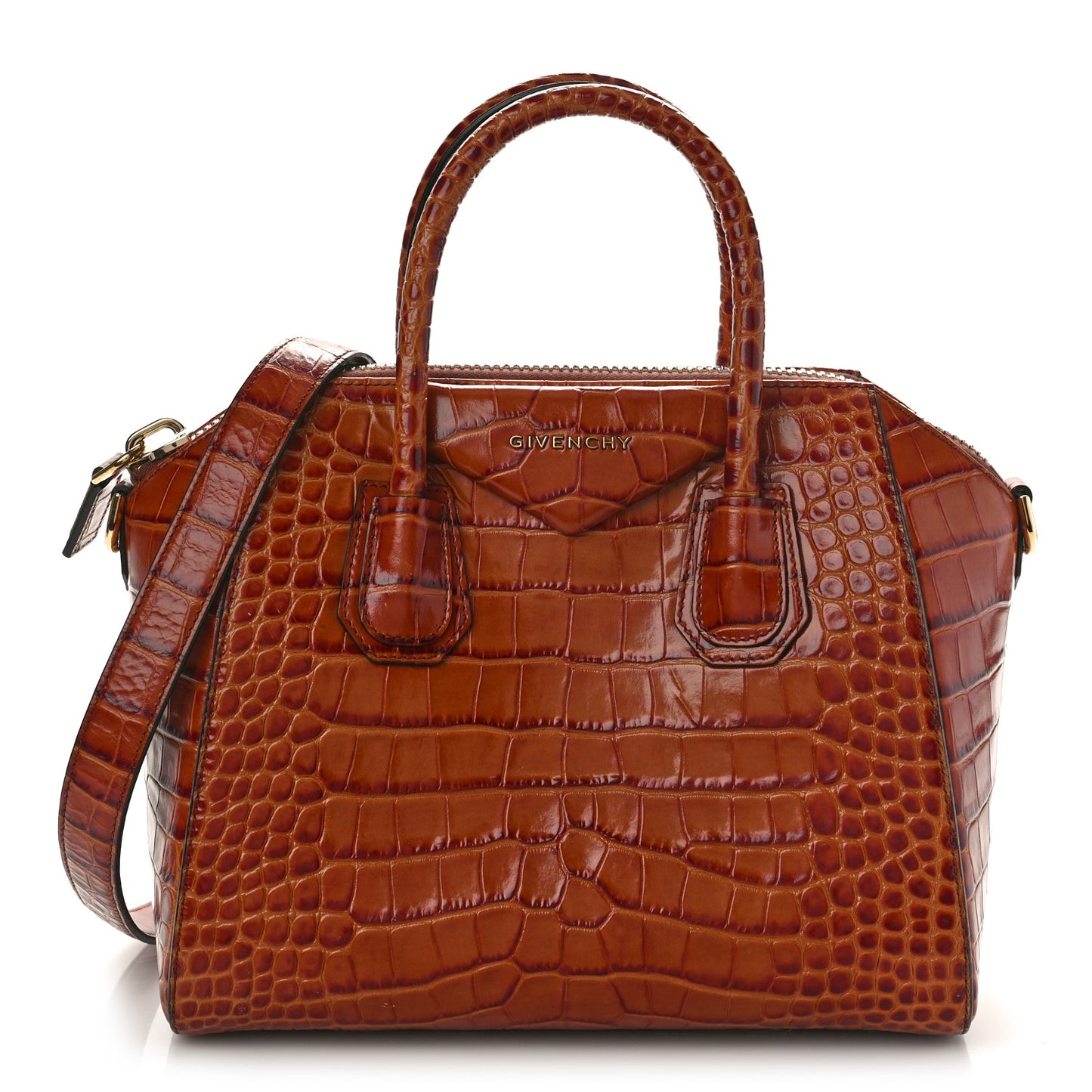 Calfskin Crocodile Embossed Small Antigona Cognac