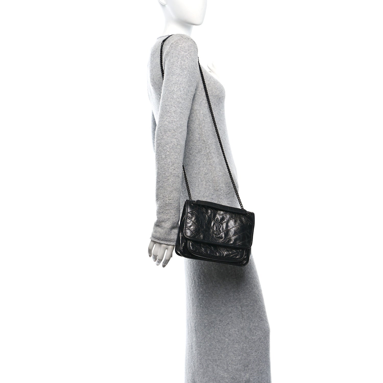 Saint Laurent Crinkled Calfskin Matelasse Monogram Baby Niki Chain Satchel Black 3 of 10