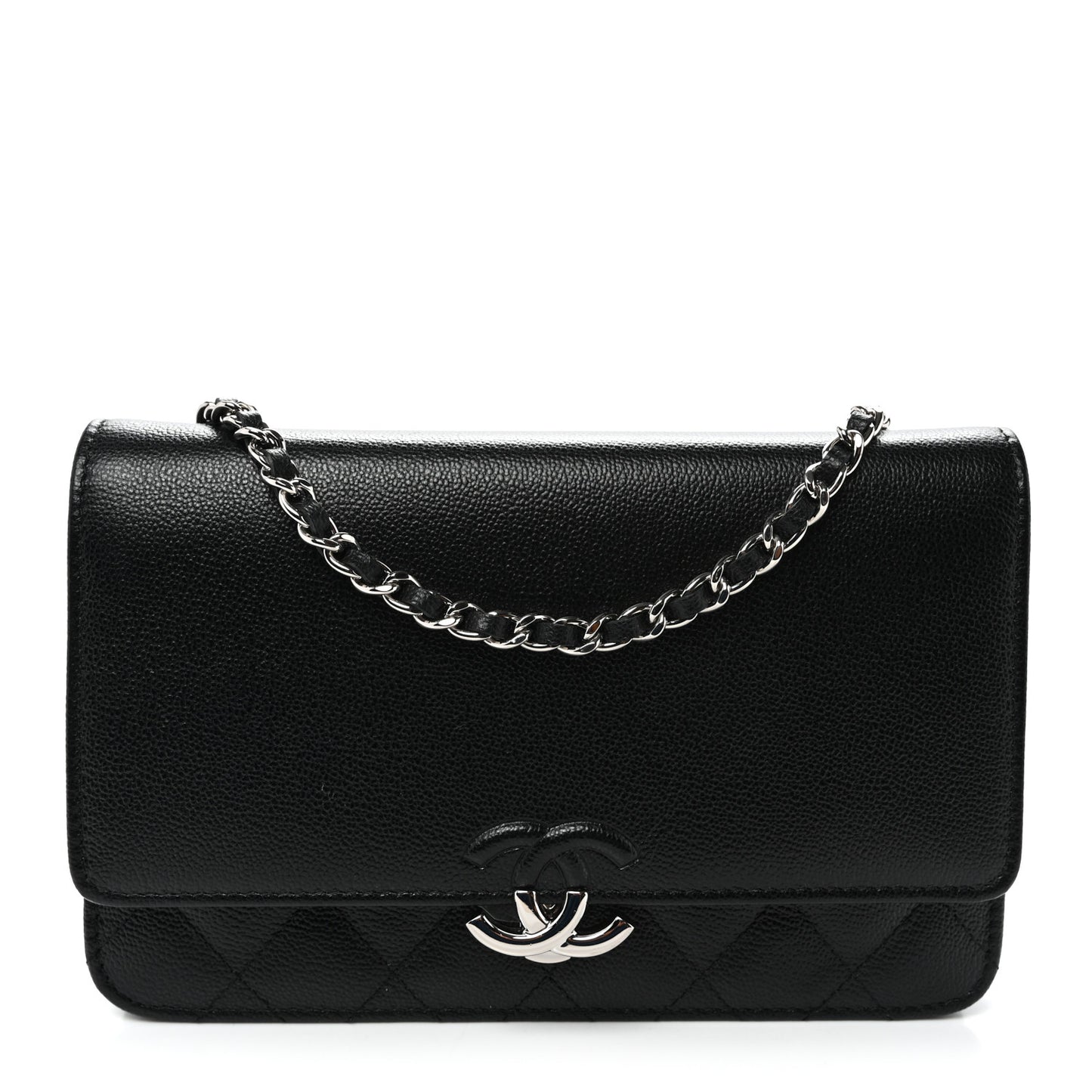 Grained Calfskin Quilted CC Box Wallet On Chain WOC Black