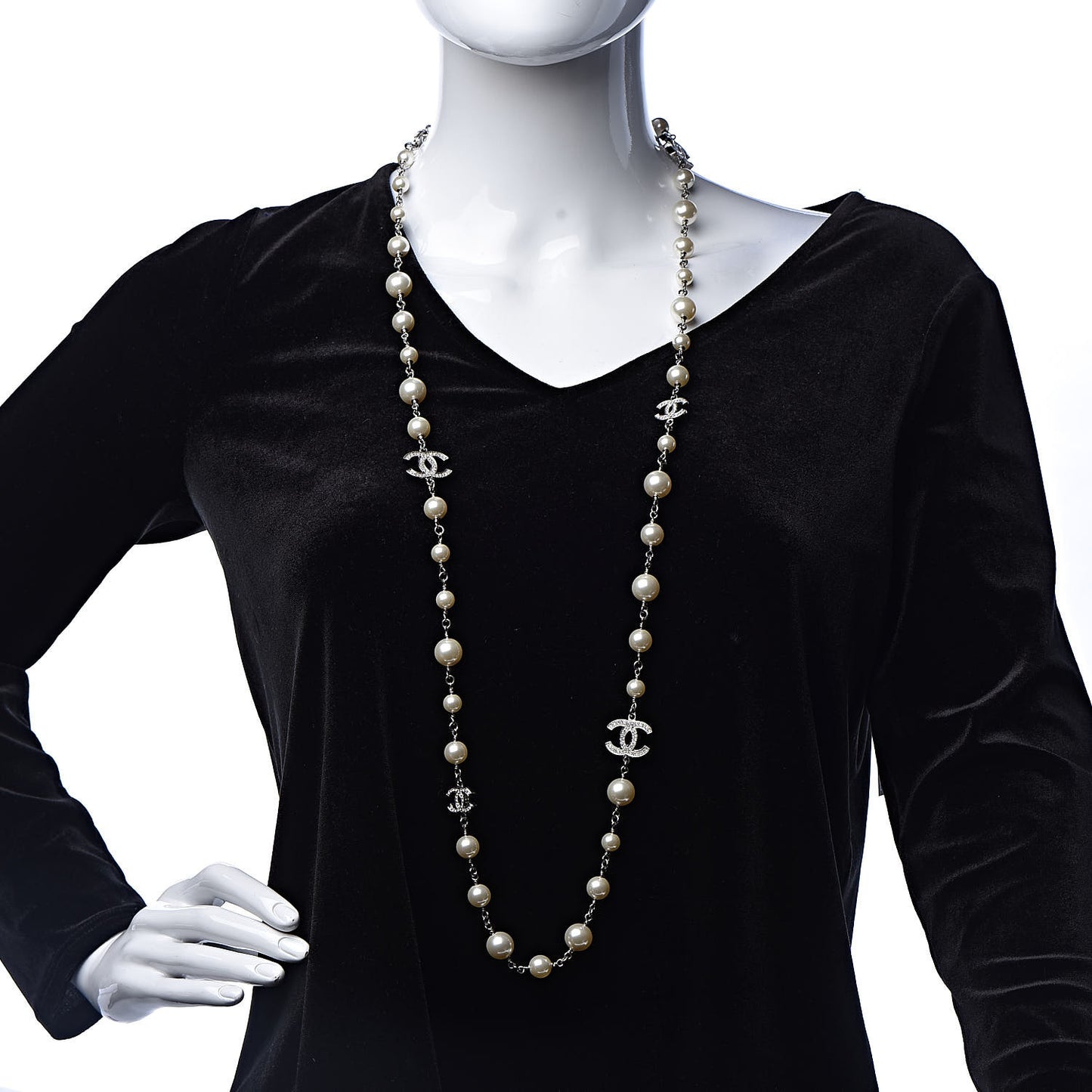 Graduated Pearl Crystal CC Long Necklace Silver